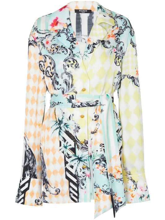 Baroque-Print Belted Shirt