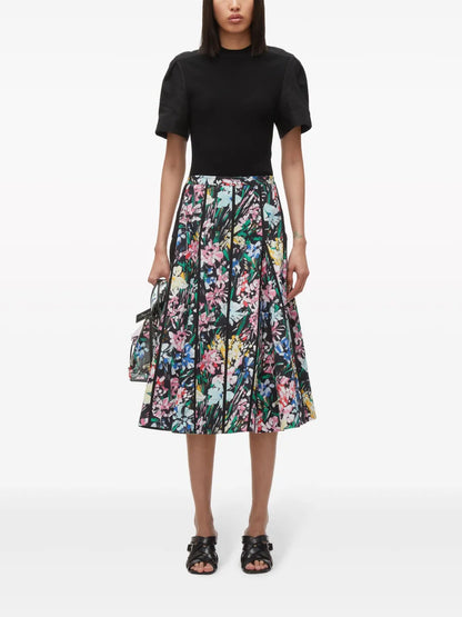 Flowerworks Godet Floral-Print Midi Skirt