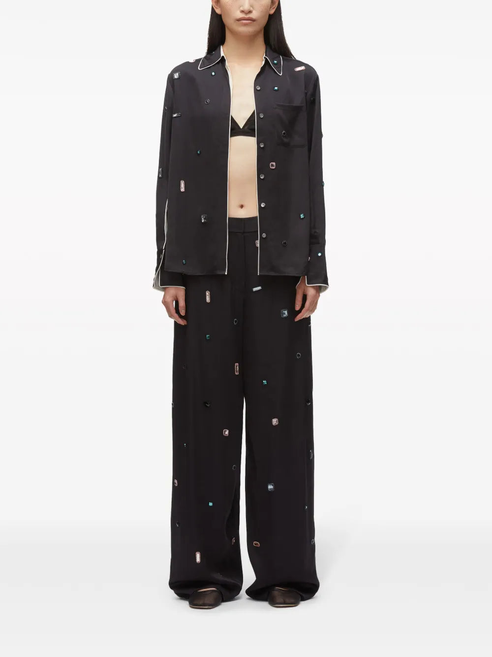 Gem-Embellished Chiffon Trousers