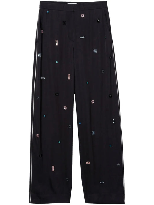 Gem-Embellished Chiffon Trousers