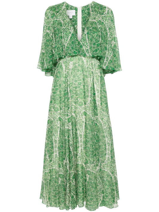 Botanical-Print Silk Midi Dress