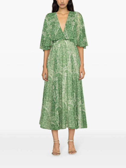 Botanical-Print Silk Midi Dress
