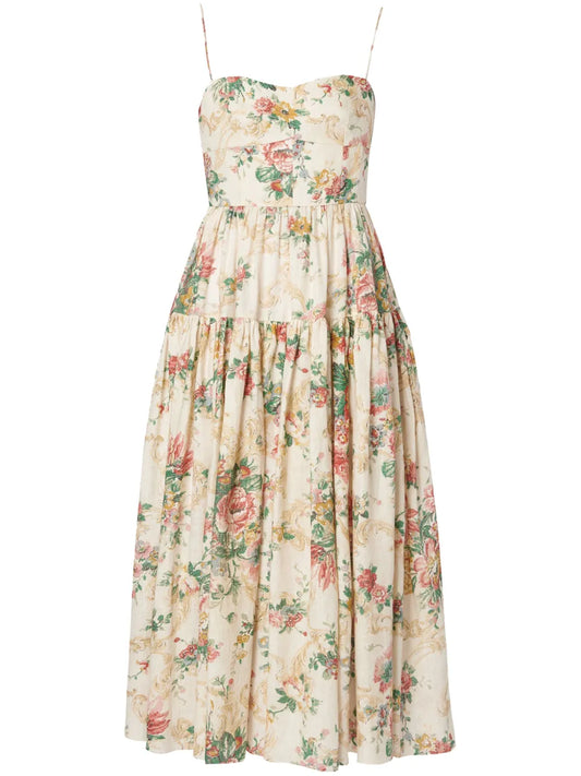 Floral-Print Linen Dress
