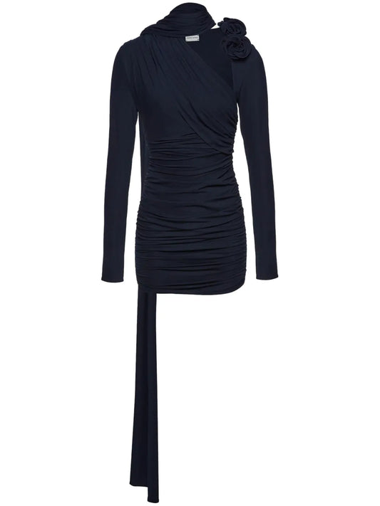 Floral-Appliqué Draped Mini Dress