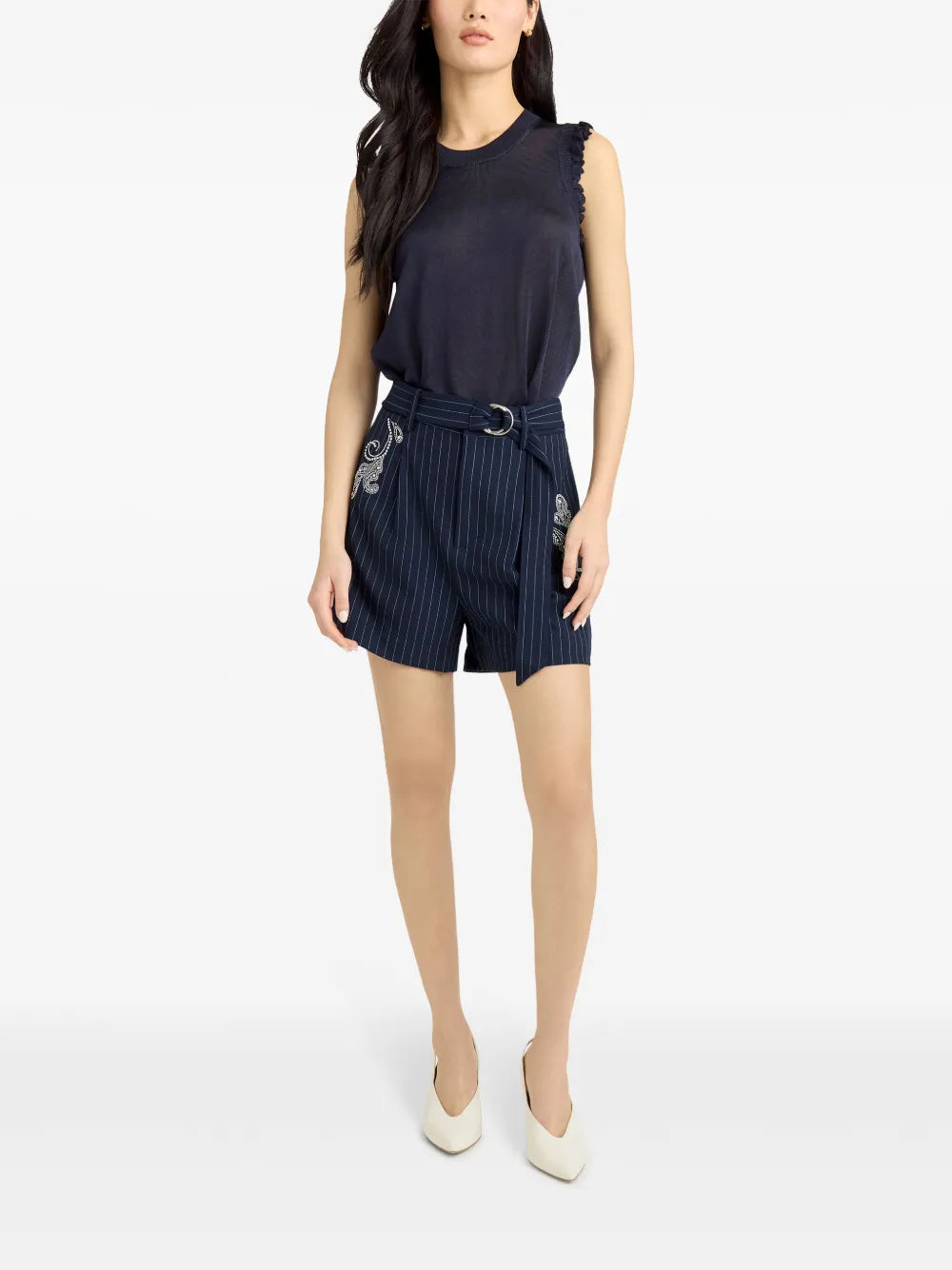 Rebecca Paisley-Embroidered Pinstripe Shorts