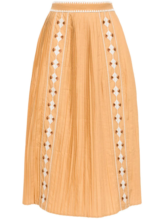 Sabina Pleated Embroidered Midi Skirt