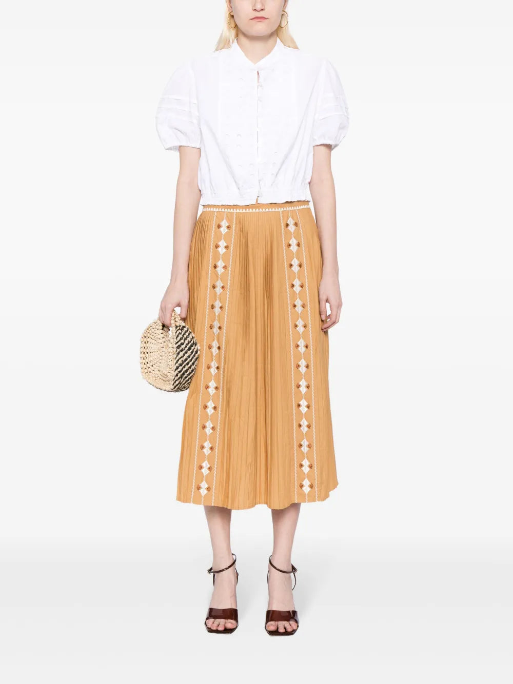 Sabina Pleated Embroidered Midi Skirt