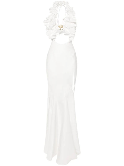 Floral-Appliqué Satin Maxi Dress