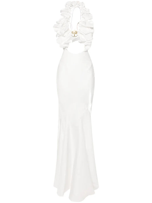 Floral-Appliqué Satin Maxi Dress