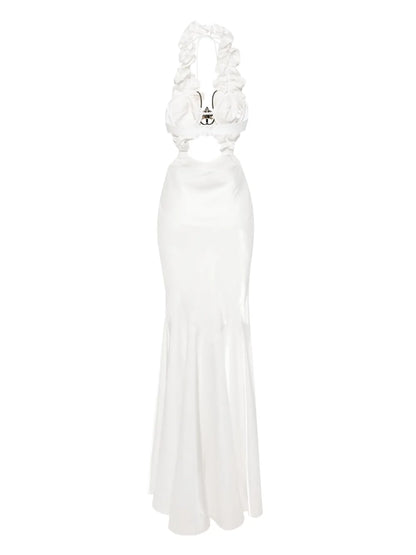 Floral-Appliqué Satin Maxi Dress