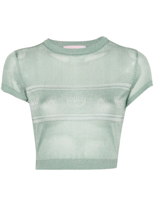 Eyelike-Motif Metallic Cropped Jumper