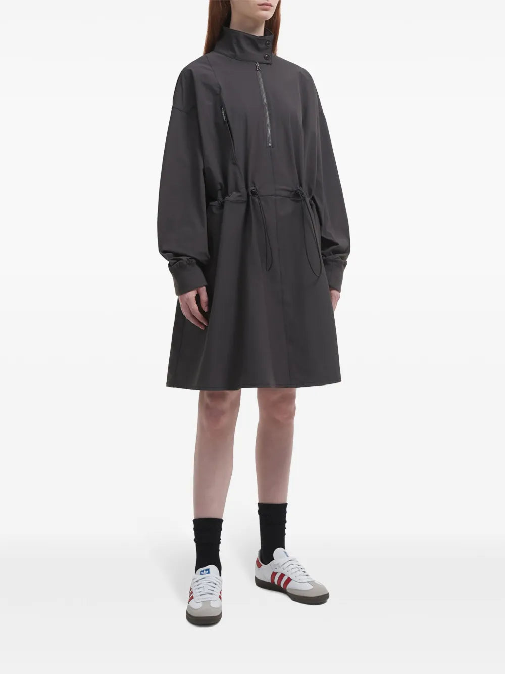 Half-Zip Drawstring-Waist Midi Dress