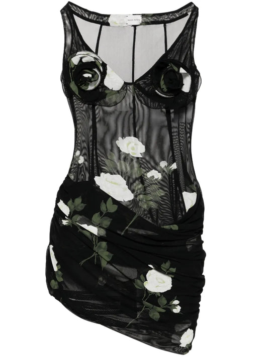 Floral-Applique Draped Minidress
