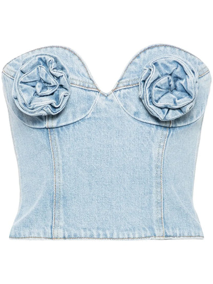 Floral-Appliqué Denim Corset Top