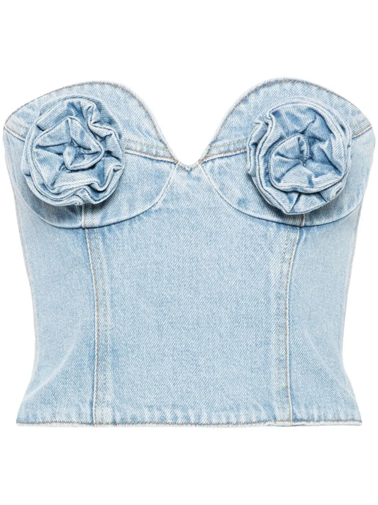 Floral-Appliqué Denim Corset Top