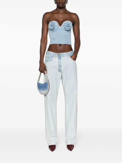 Floral-Appliqué Denim Corset Top