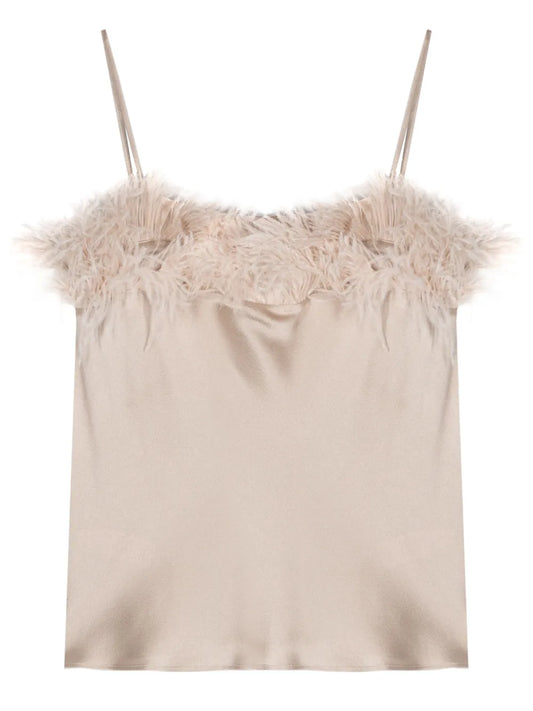 Feather-Trim Satin Top