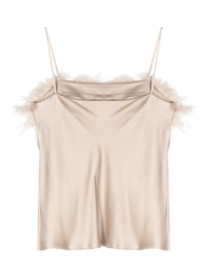 Feather-Trim Satin Top