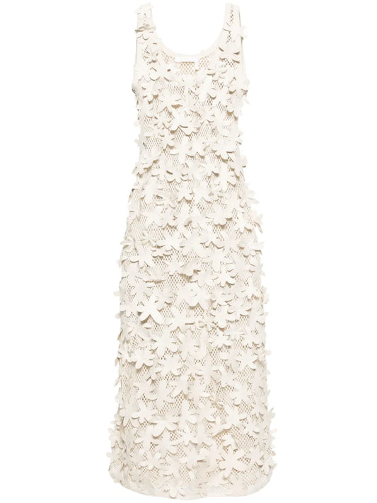 Floral-Appliqués Open-Knit Dress