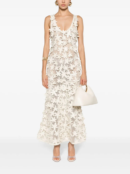 Floral-Appliqués Open-Knit Dress