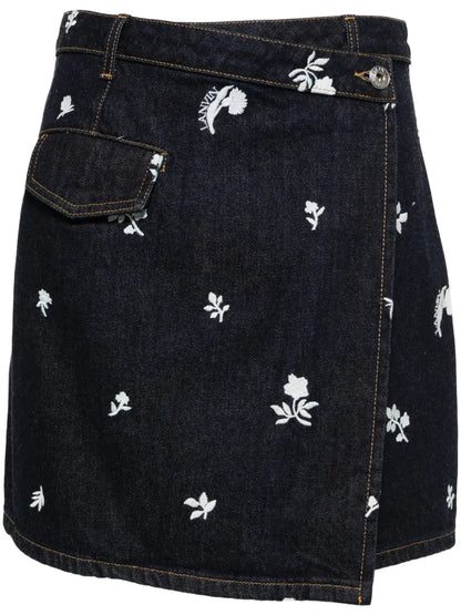Floral-Embroidered Denim Skirt