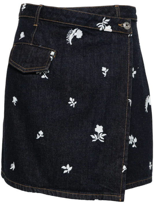 Floral-Embroidered Denim Skirt