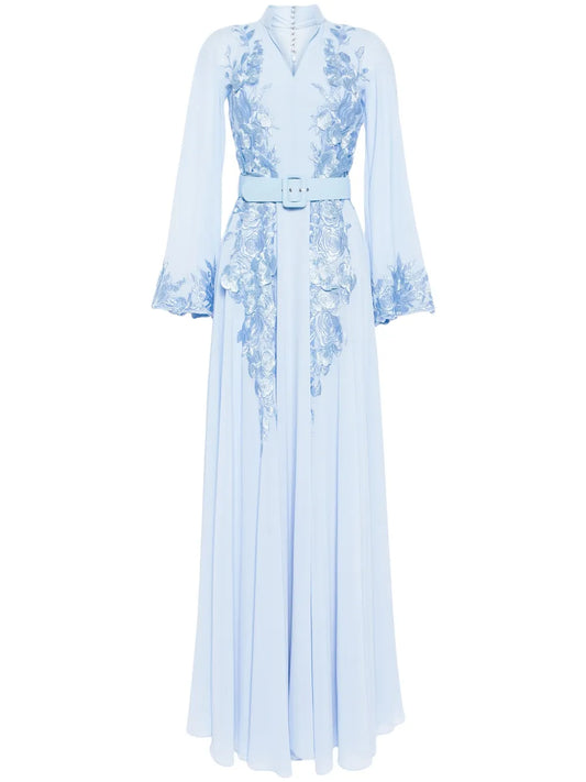 Floral-Embroidered Beaded Kaftan Dress