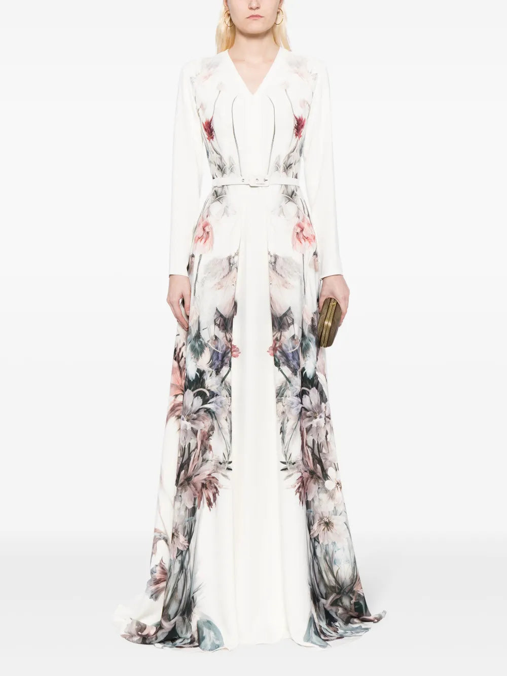 Floral-Print Belted Gown