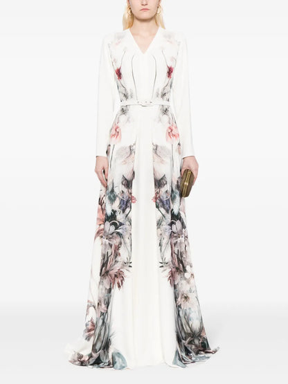 Floral-Print Belted Gown