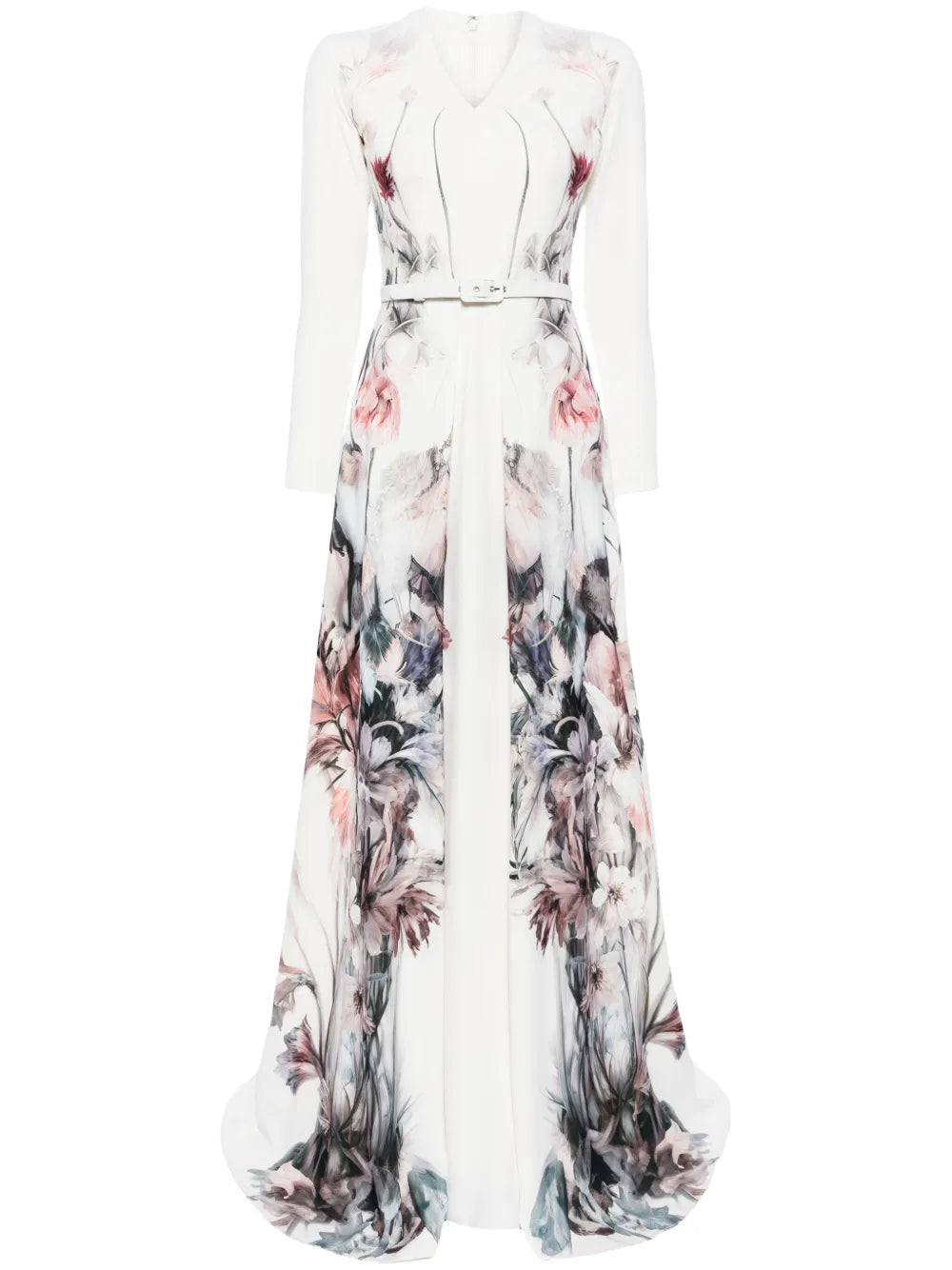 Floral-Print Belted Gown