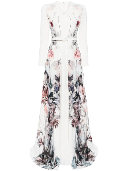 Floral-Print Belted Gown