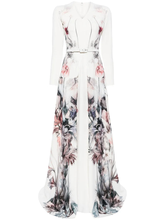 Floral-Print Belted Gown