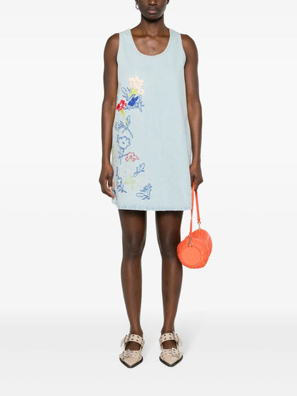 Drawn Flowers-Embroidered Denim Dress