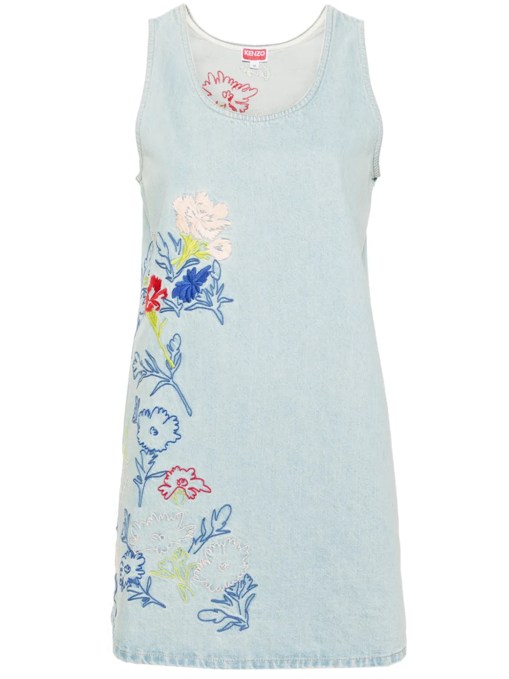 Drawn Flowers-Embroidered Denim Dress