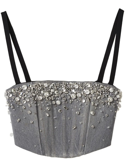 Crystal-Embellished Denim Cropped Top