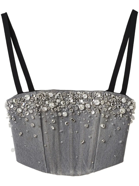 Crystal-Embellished Denim Cropped Top
