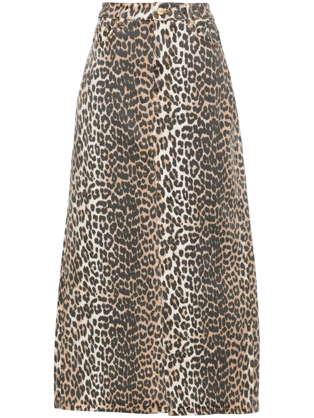 High-Waisted Leopard-Print Denim Midi Skirt