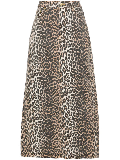 High-Waisted Leopard-Print Denim Midi Skirt