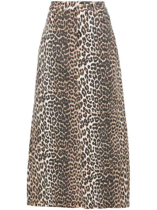 High-Waisted Leopard-Print Denim Midi Skirt