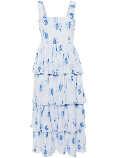 Floral-Print Plissé Midi Dress