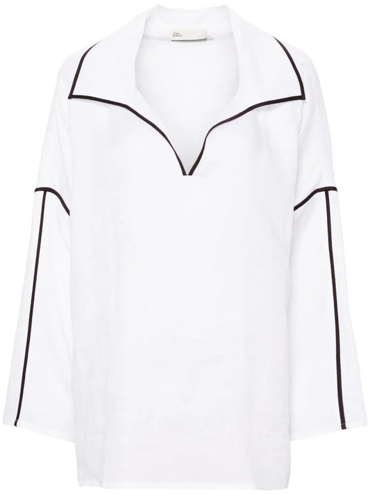 Contrasting-Trim Linen Shirt