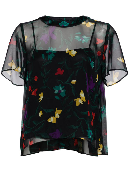 Floral-Print Sheer Top