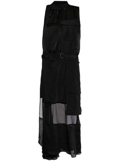 Sheer-Panelled Belted Dress