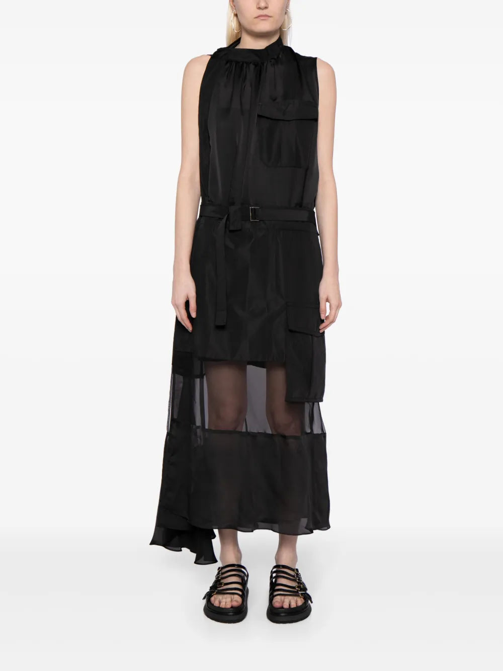 Sheer-Panelled Belted Dress