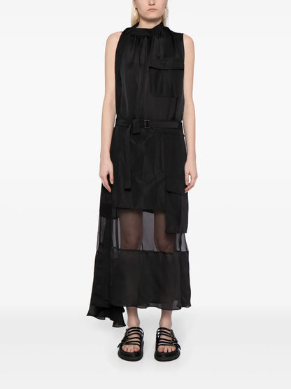 Sheer-Panelled Belted Dress