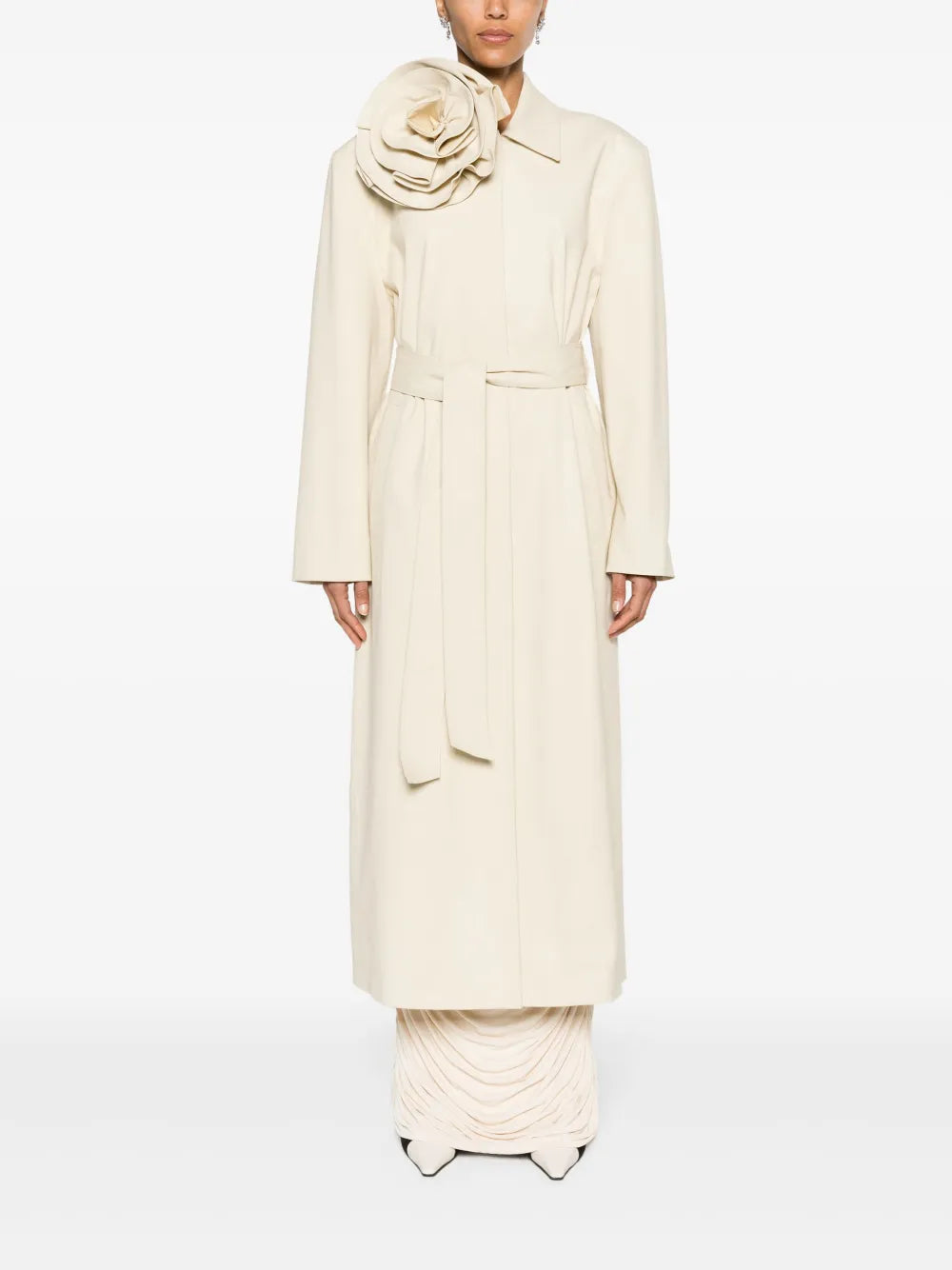 Floral-Appliqué Belted Trench Coat