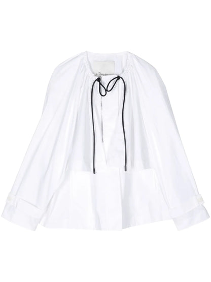 Drastring-Neck Long-Sleeved Blouse