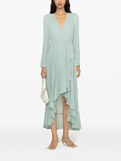 Ruffled-Trim Plissé Maxi Dress