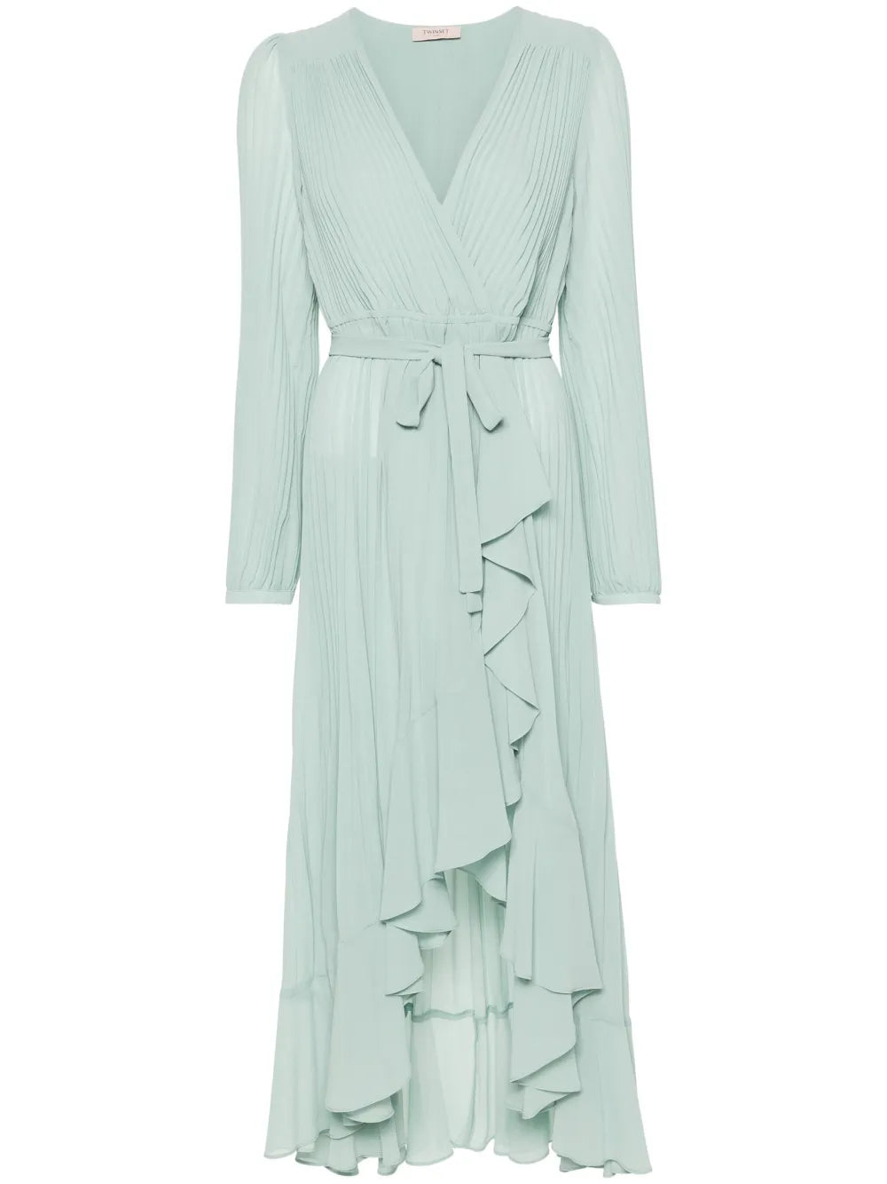 Ruffled-Trim Plissé Maxi Dress