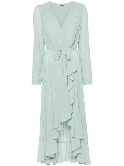 Ruffled-Trim Plissé Maxi Dress